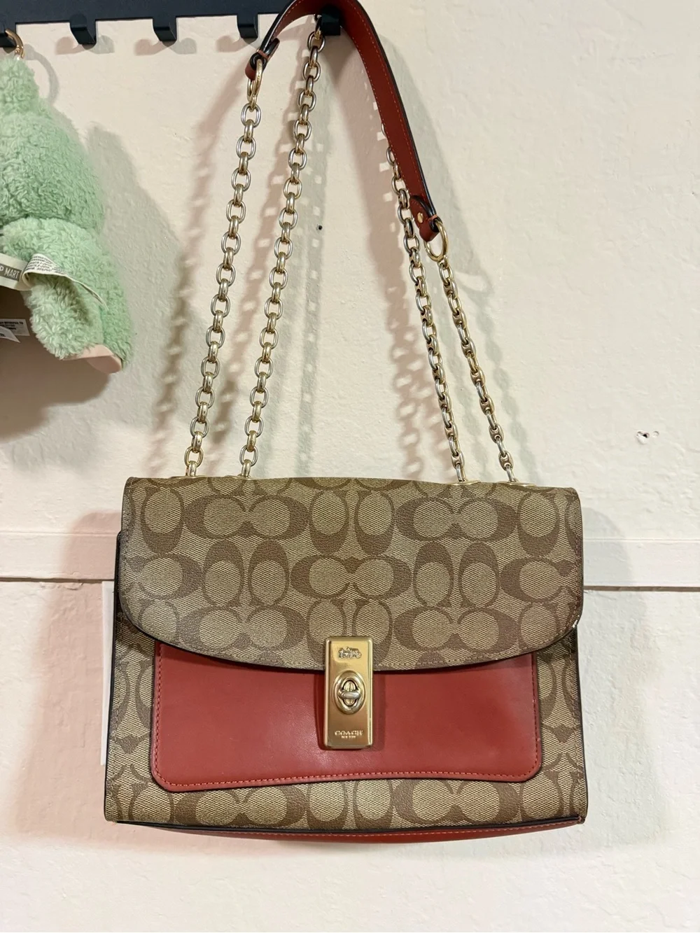 Coach Signature Canvas Shoulder Bag in Khaki and Rust